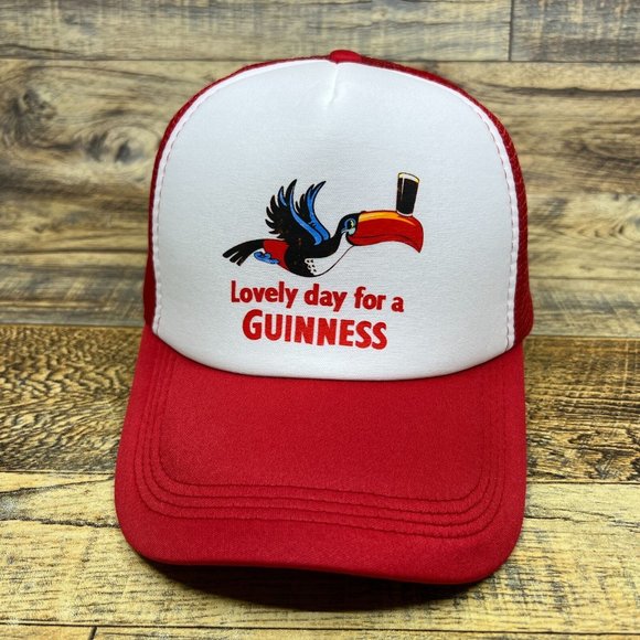 Guinness Toucan Beer Mens Trucker Hat Red Snapback Lovely Day 1950s Ad Ball Cap - Picture 2 of 8